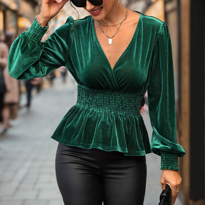 Ribbed Velvet Peplum Blouse with V-Neck and Smocked Waist