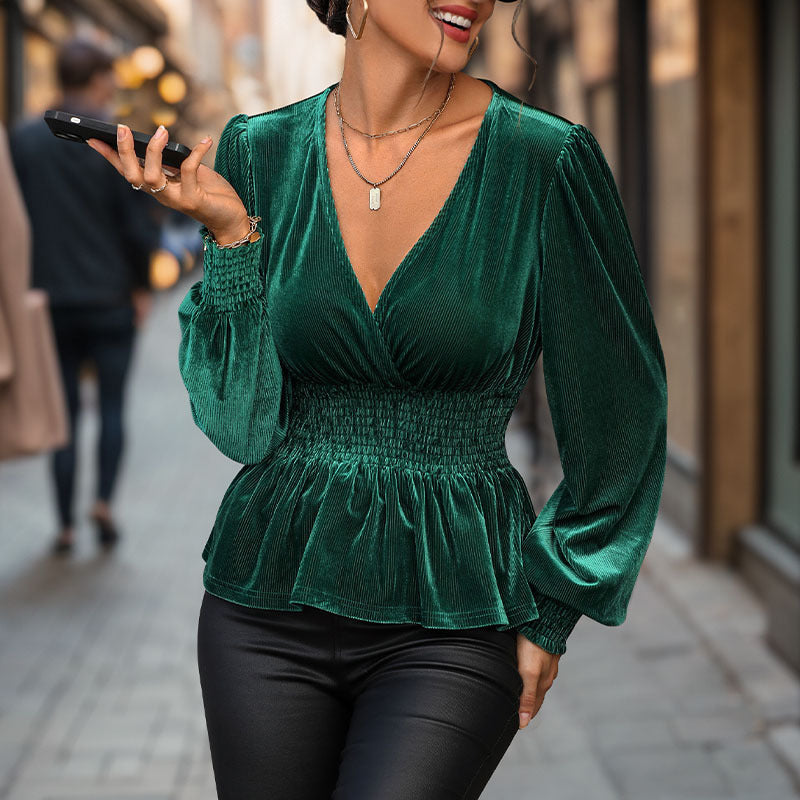 Ribbed Velvet Peplum Blouse with V-Neck and Smocked Waist