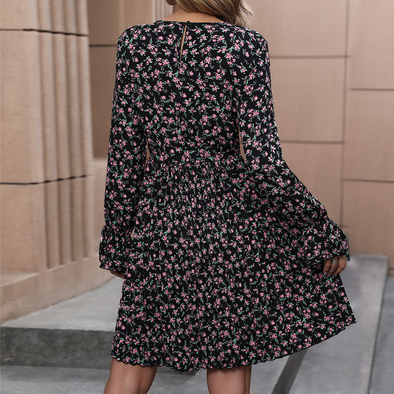 Floral Pleated Dress with Long Sleeves and Tie-Waist