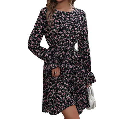 Floral Pleated Dress with Long Sleeves and Tie-Waist