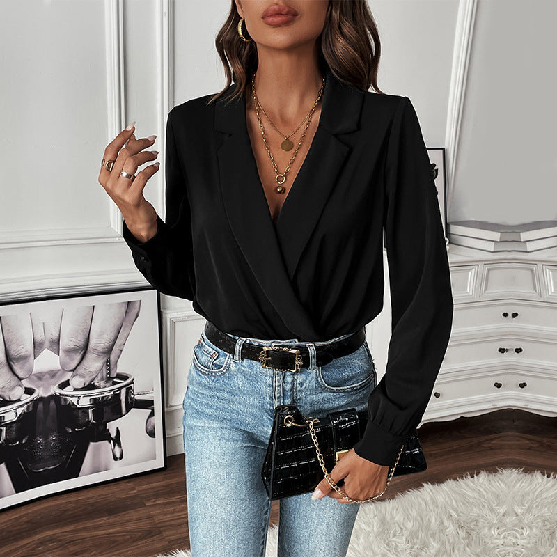 Blazer Bodysuit with Notched Lapel and Long Sleeves