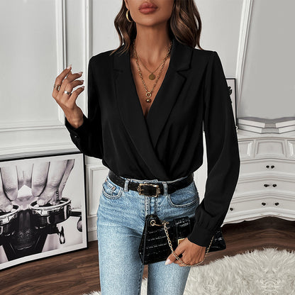 Blazer Bodysuit with Notched Lapel and Long Sleeves