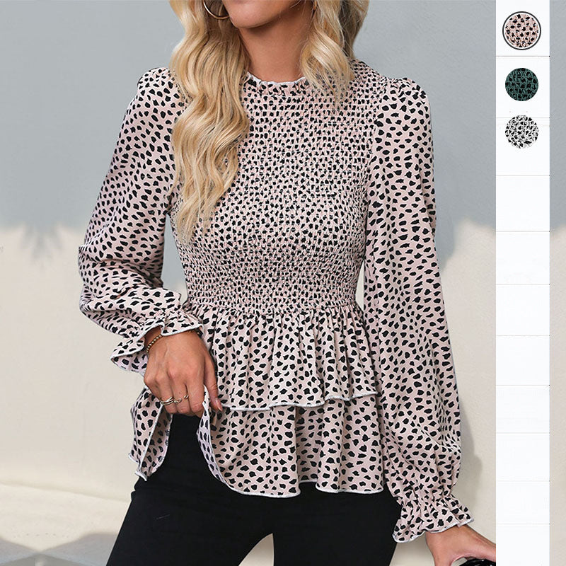 Spring Autumn Shirts Women's Mid-Collar Printed Long-Sleeve Shirt