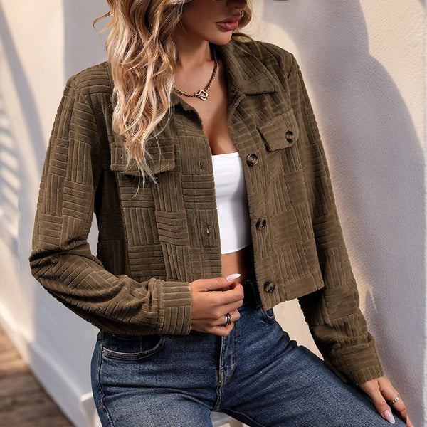 Textured Workwear Cropped Jacket with Lapel Collar