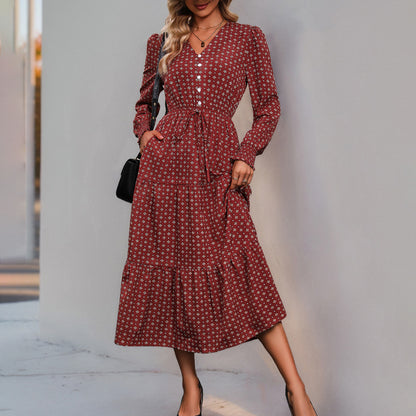 Geometric Print A-Line Midi Dress with V-Neck and Tie-Waist