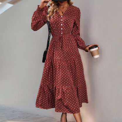 Geometric Print A-Line Midi Dress with V-Neck and Tie-Waist