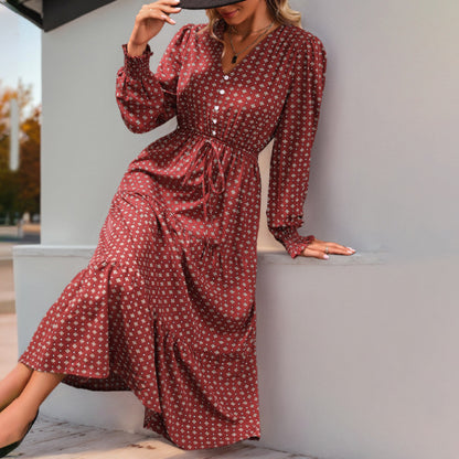 Geometric Print A-Line Midi Dress with V-Neck and Tie-Waist