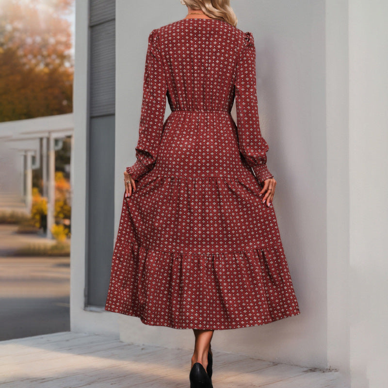 Geometric Print A-Line Midi Dress with V-Neck and Tie-Waist