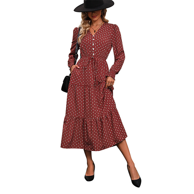 Geometric Print A-Line Midi Dress with V-Neck and Tie-Waist