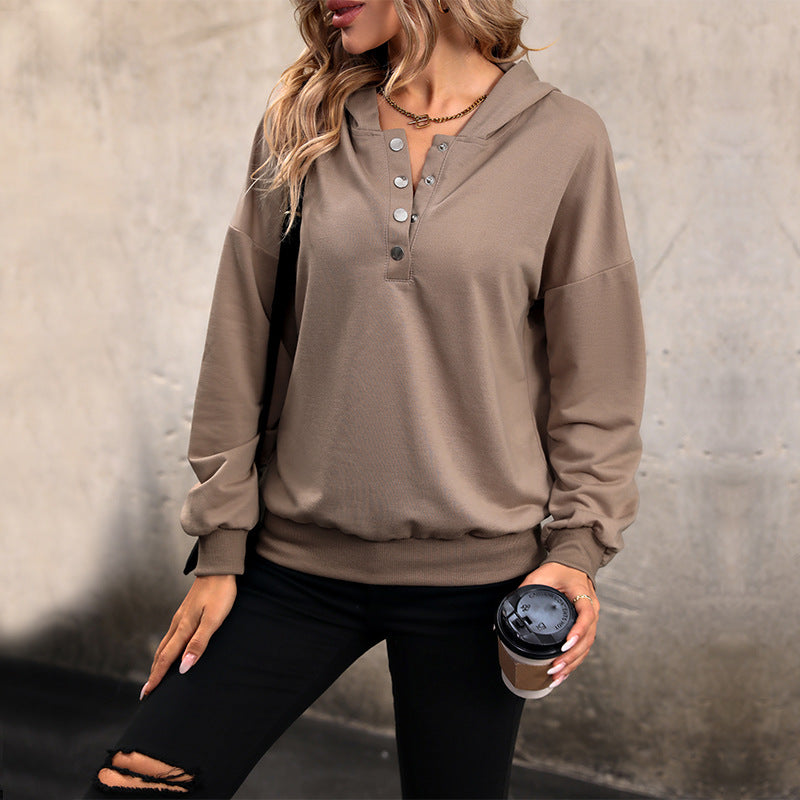 Solid Hoodie with Henley Buttons and Ribbed Trim