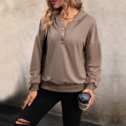 Solid Hoodie with Henley Buttons and Ribbed Trim
