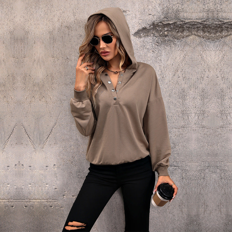 Solid Hoodie with Henley Buttons and Ribbed Trim