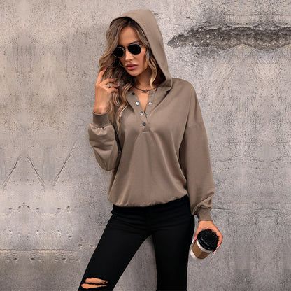 Solid Hoodie with Henley Buttons and Ribbed Trim