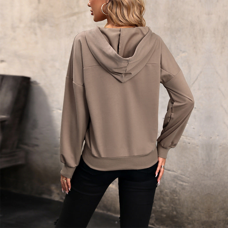 Solid Hoodie with Henley Buttons and Ribbed Trim