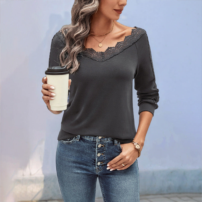 Solid Pullover Top with Lace V-Neck and Shoulder Detail