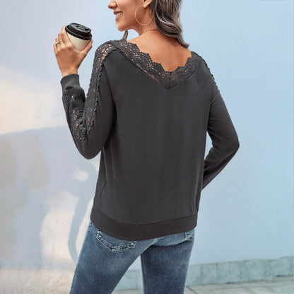 Solid Pullover Top with Lace V-Neck and Shoulder Detail