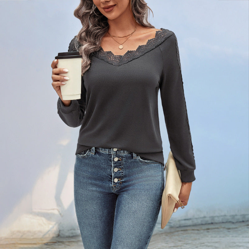 Solid Pullover Top with Lace V-Neck and Shoulder Detail