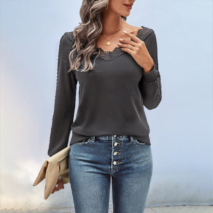 Solid Pullover Top with Lace V-Neck and Shoulder Detail