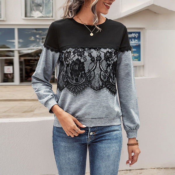 Color-Block Long-Sleeve Sweatshirt with Lace Panel