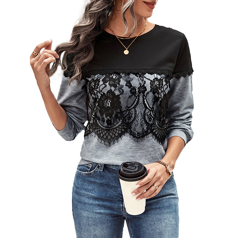 Color-Block Long-Sleeve Sweatshirt with Lace Panel