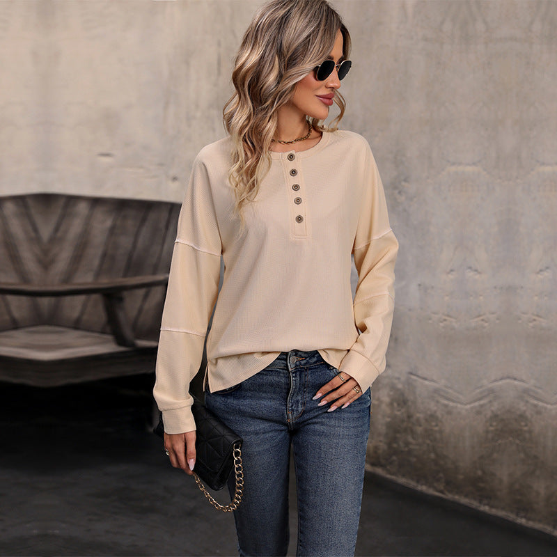 Solid Waffle Knit Henley Top with Long Raglan Sleeves