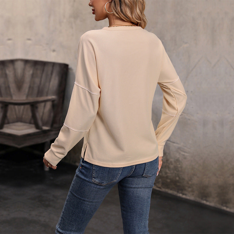 Solid Waffle Knit Henley Top with Long Raglan Sleeves