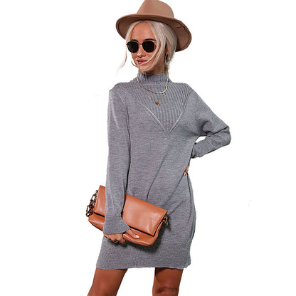 Loose Knit Sweater Dress with Half-High Collar and V-Detail
