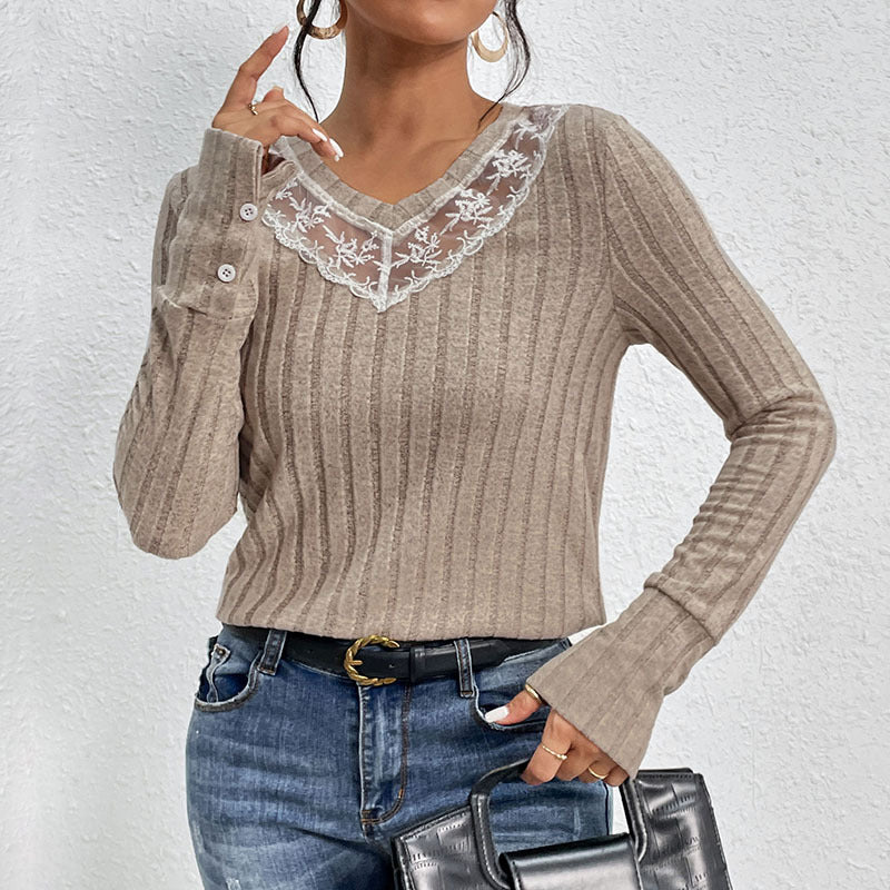 Ribbed Knit Top with Lace V-Neck and Button Cuffs
