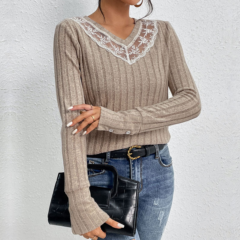 Ribbed Knit Top with Lace V-Neck and Button Cuffs