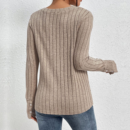Ribbed Knit Top with Lace V-Neck and Button Cuffs