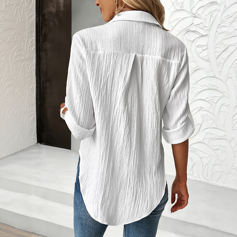 Crinkled Solid Button-Down Shirt with Lapel Collar