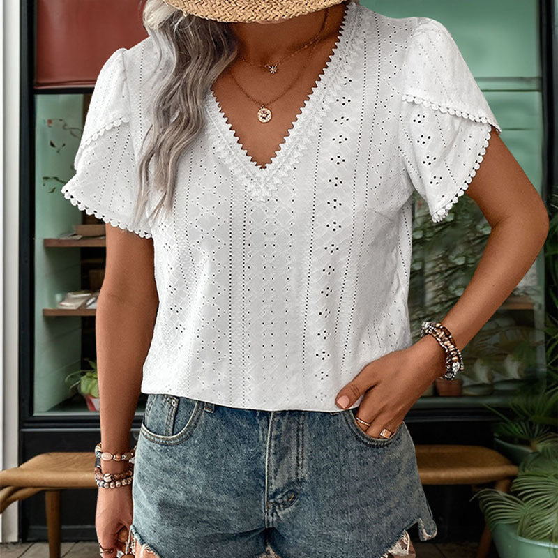 Eyelet Blouse with V-Neck and Petal Sleeves