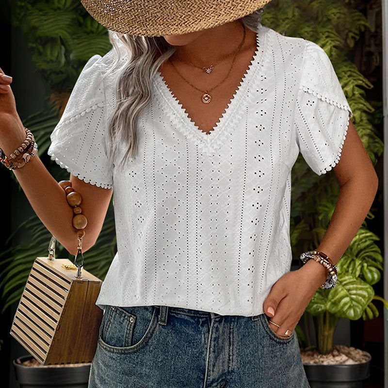 Eyelet Blouse with V-Neck and Petal Sleeves
