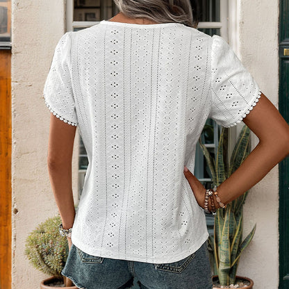 Eyelet Blouse with V-Neck and Petal Sleeves