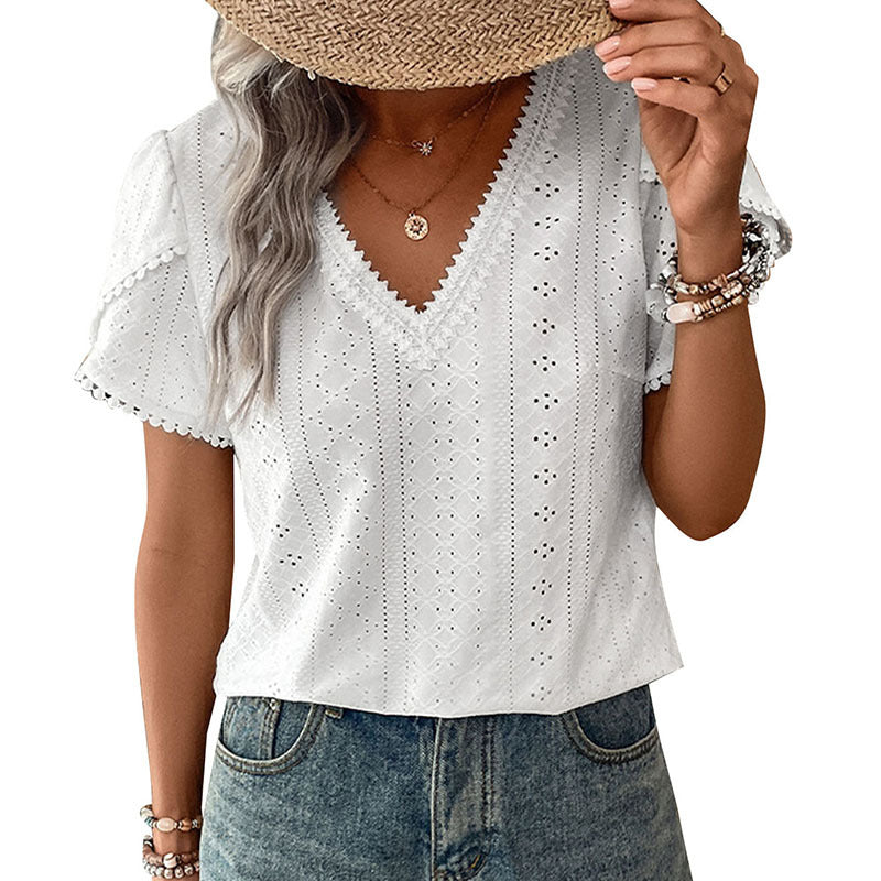 Eyelet Blouse with V-Neck and Petal Sleeves