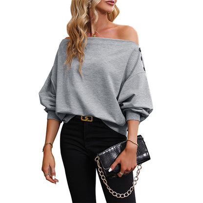 Off-Shoulder Pullover Top with Button Detail
