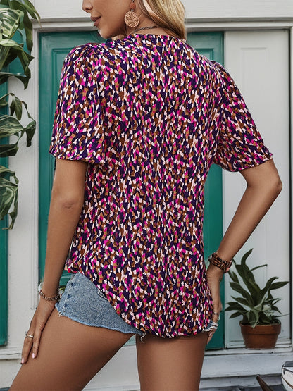 Abstract Print Blouse with Smocked Yoke and V-Neck