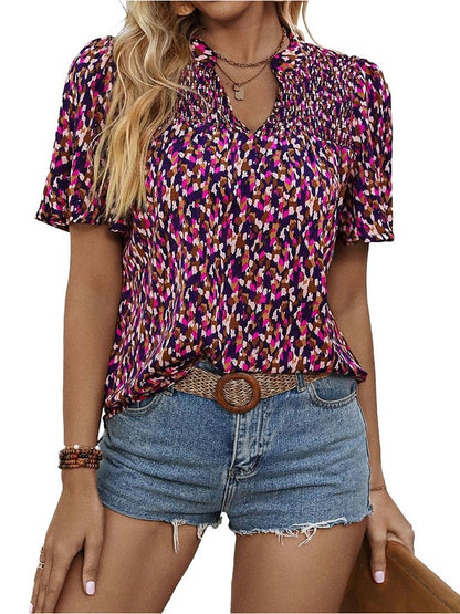 Abstract Print Blouse with Smocked Yoke and V-Neck