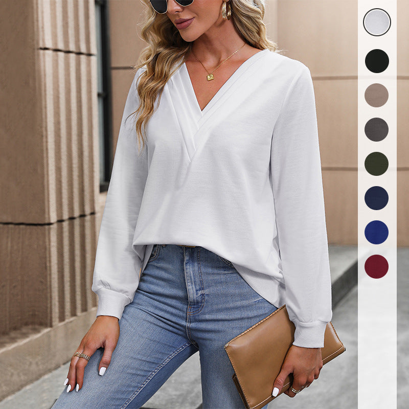 Solid Color Crossover V-Neck Top with Long Sleeves
