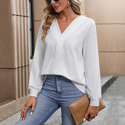Solid Color Crossover V-Neck Top with Long Sleeves