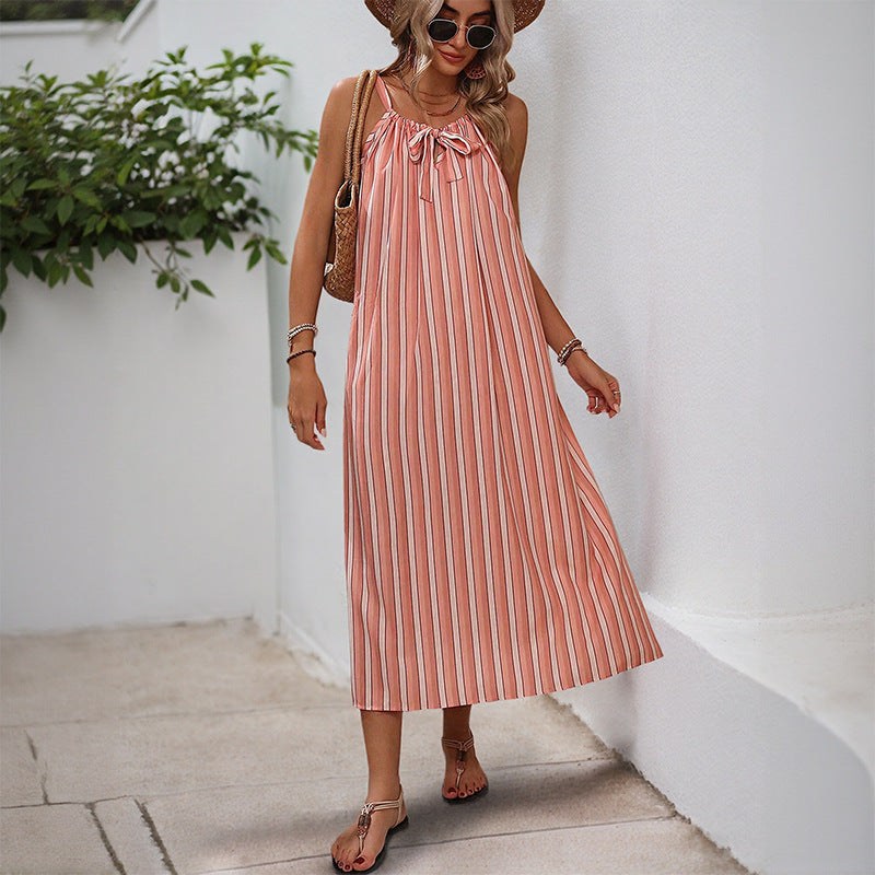 Striped Strap Midi Dress with Bowknot and Loose Fit