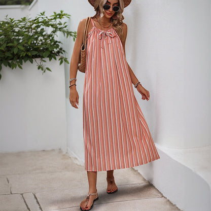 Striped Strap Midi Dress with Bowknot and Loose Fit