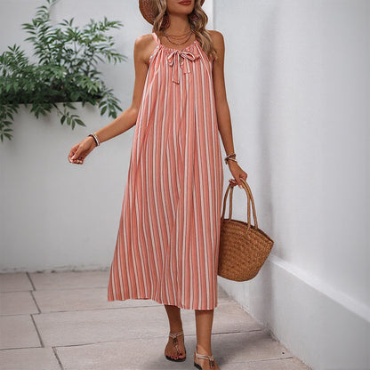 Striped Strap Midi Dress with Bowknot and Loose Fit