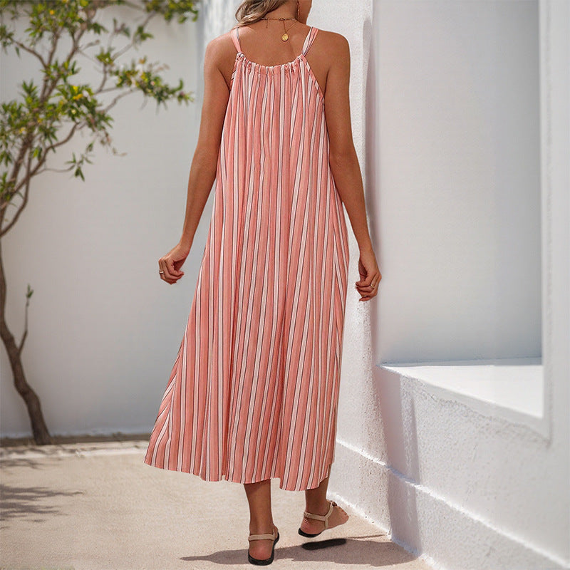 Striped Strap Midi Dress with Bowknot and Loose Fit