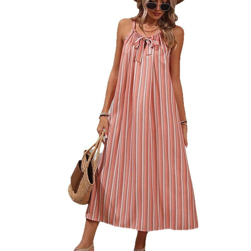 Striped Strap Midi Dress with Bowknot and Loose Fit