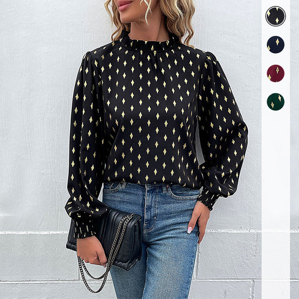Bronzing Diamond Print Blouse with Mock Neck and Smocked Cuffs