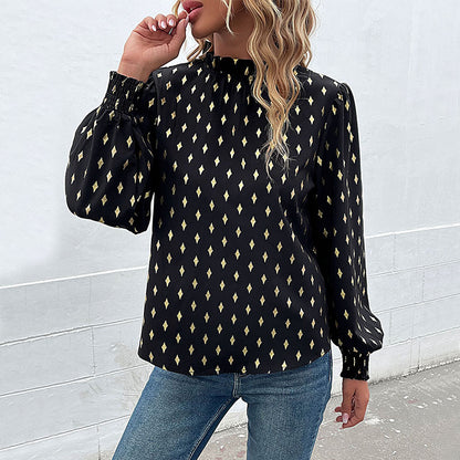 Bronzing Diamond Print Blouse with Mock Neck and Smocked Cuffs