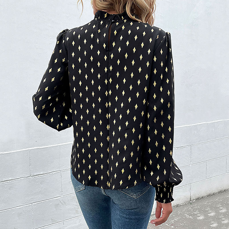 Bronzing Diamond Print Blouse with Mock Neck and Smocked Cuffs