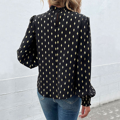 Bronzing Diamond Print Blouse with Mock Neck and Smocked Cuffs