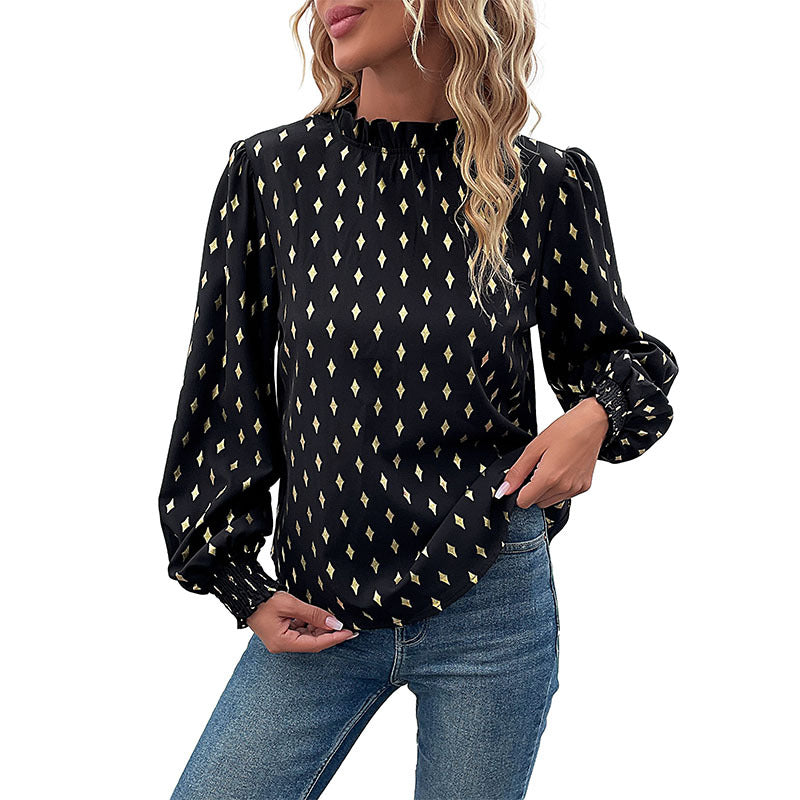 Bronzing Diamond Print Blouse with Mock Neck and Smocked Cuffs